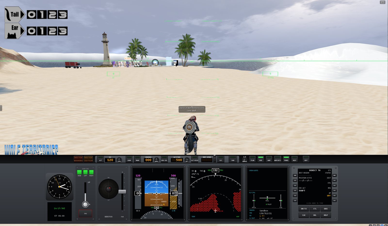 Flight Mode on the Sandbox beach: a green head-up display over the view and the flight deck across the bottom, with the autopilot panel, clock, gear lever, sidestick, primary flight display, navigation display, crew alerts and the flight computer.