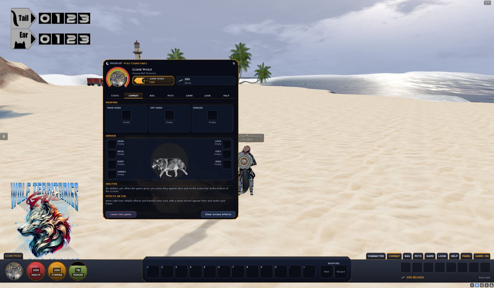 Game Mode on the Sandbox beach: the Roleplay window open on its Combat tab with weapon and armour slots, and the game bar across the bottom with health, stamina and hunger orbs, twelve action slots, weapon slots, page buttons, bag slots and 100 Bones.