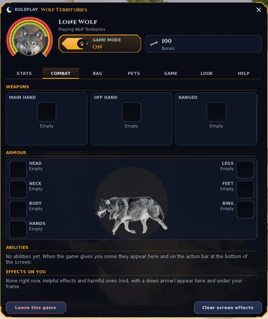 The Roleplay window in the wolves theme, open on Combat: weapon slots Main hand, Off hand and Ranged, all empty; armour slots Head, Neck, Body, Hands, Legs, Feet and Ring around a photograph of a wolf; an Abilities note and an Effects on you note; and the buttons Leave this game and Clear screen effects.